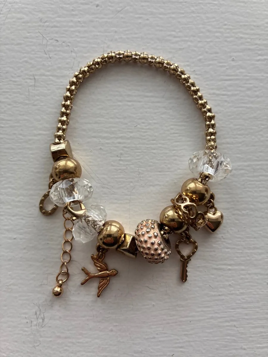 Gold Tone Dangle Charm Bead Bracelet with Bird & K