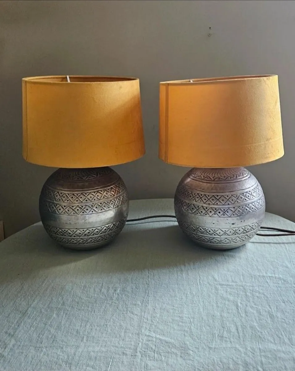 2 Vintage Metal Table Lamps With Mustard Shades - Image 1