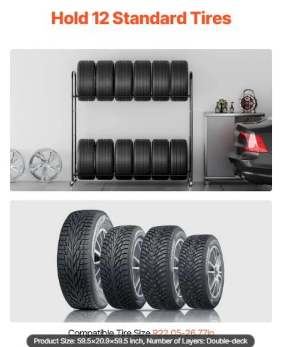 Rolling Tire Storage Rack, 2-Shelf Tire Holder - Image 2