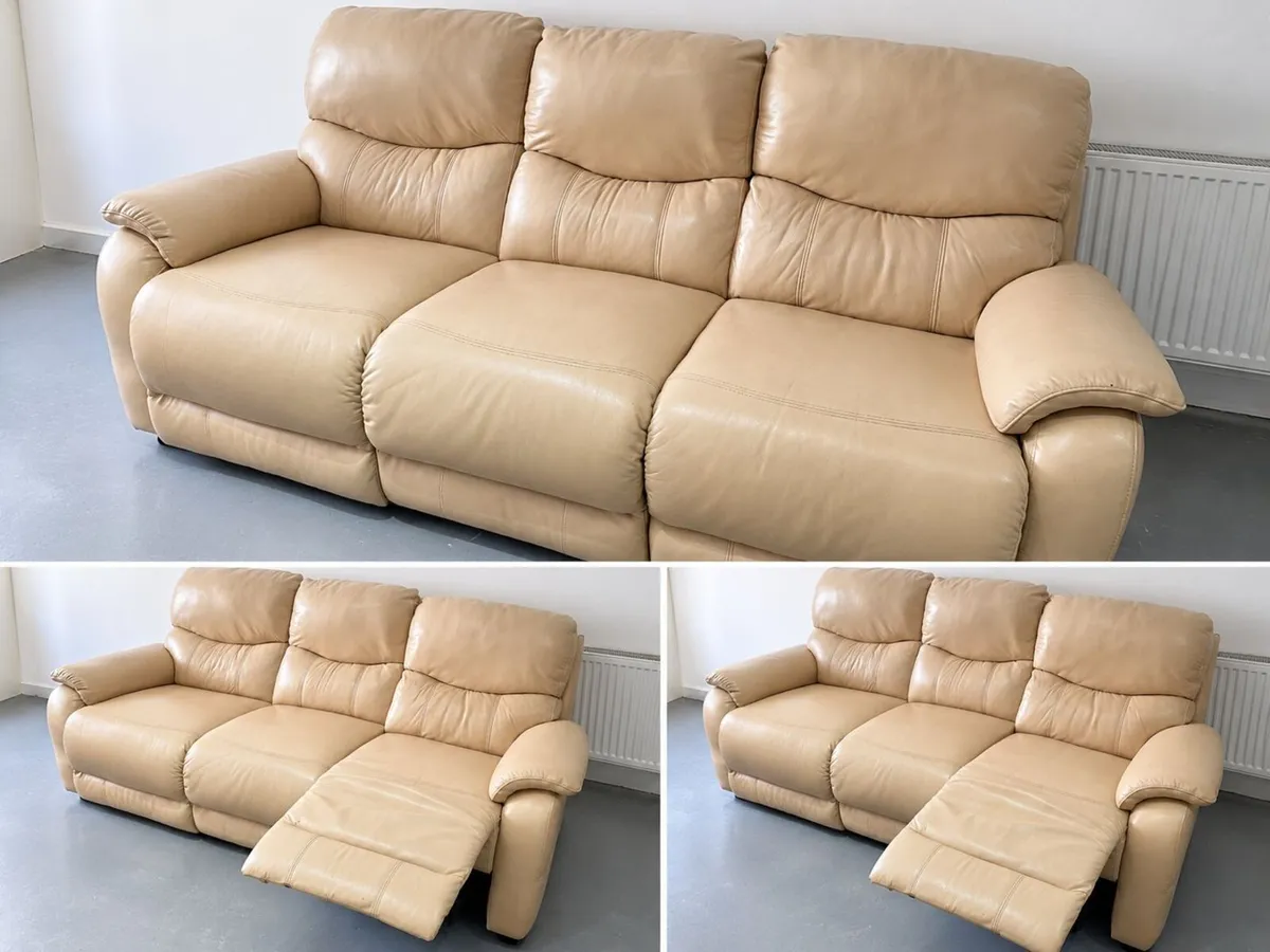 Cream Leather 3-Seater Recliner Sofa - Image 4