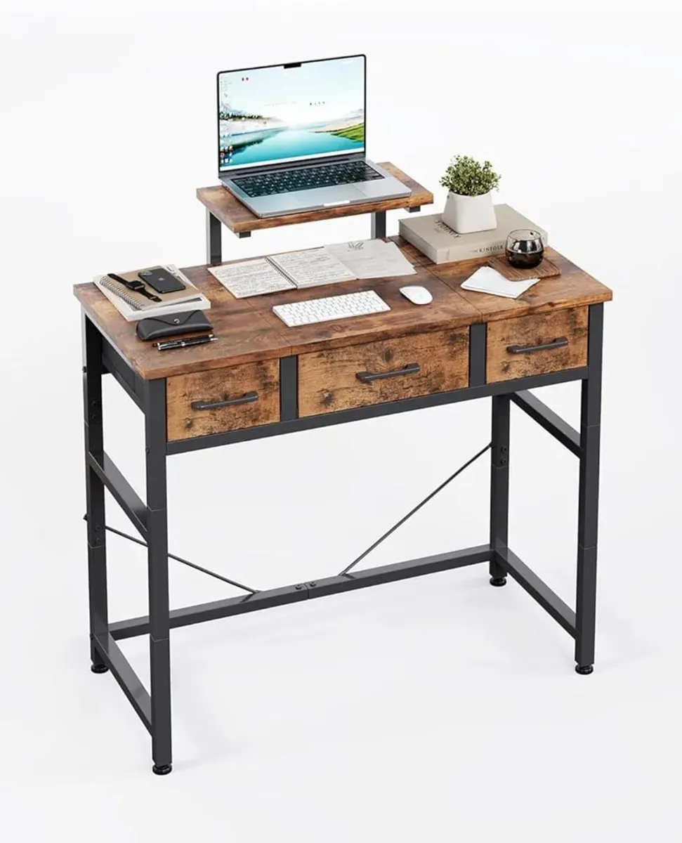 Small Desk with 3 Fabric Drawers, Small Computer D - Image 1