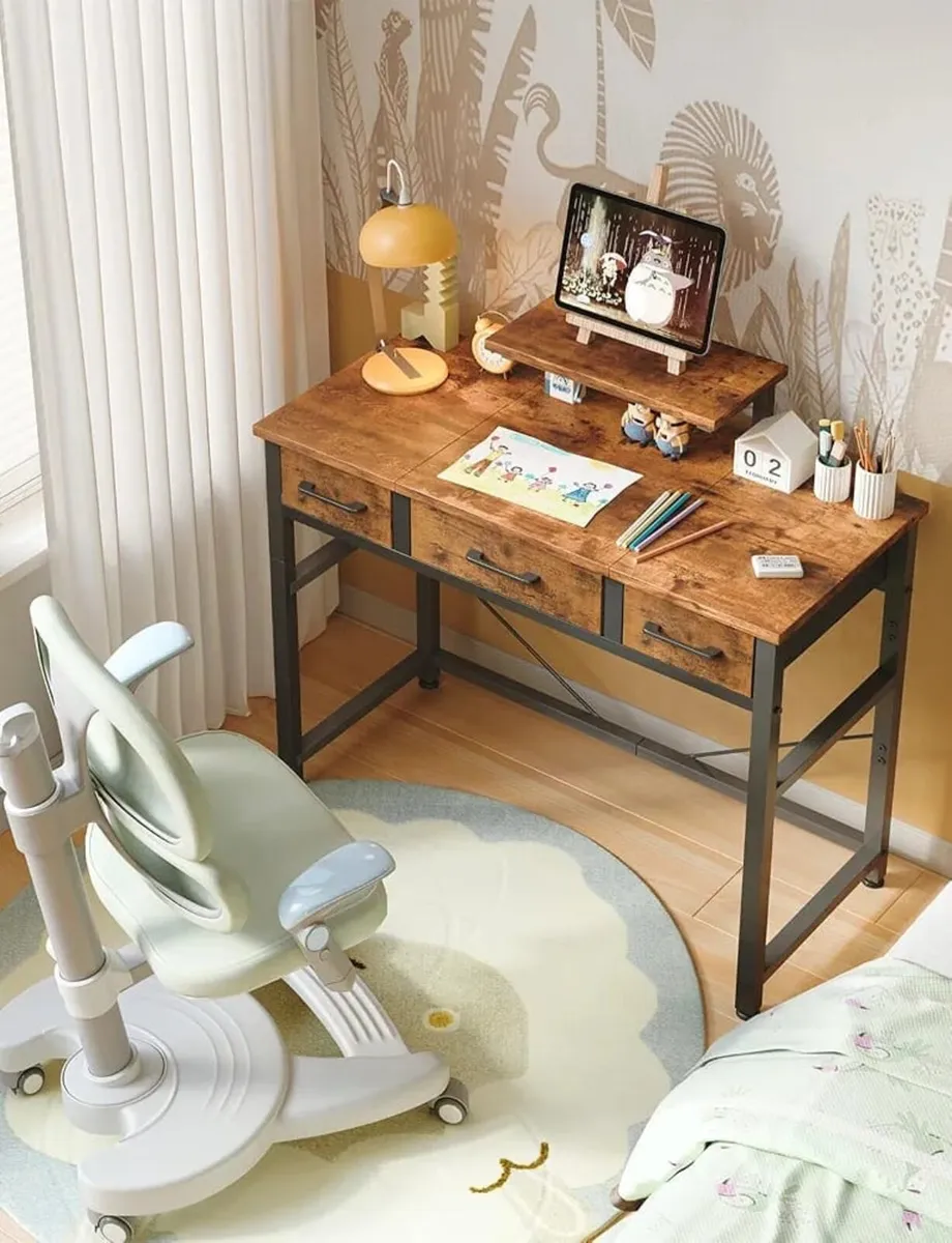 Small Desk with 3 Fabric Drawers, Small Computer D - Image 2