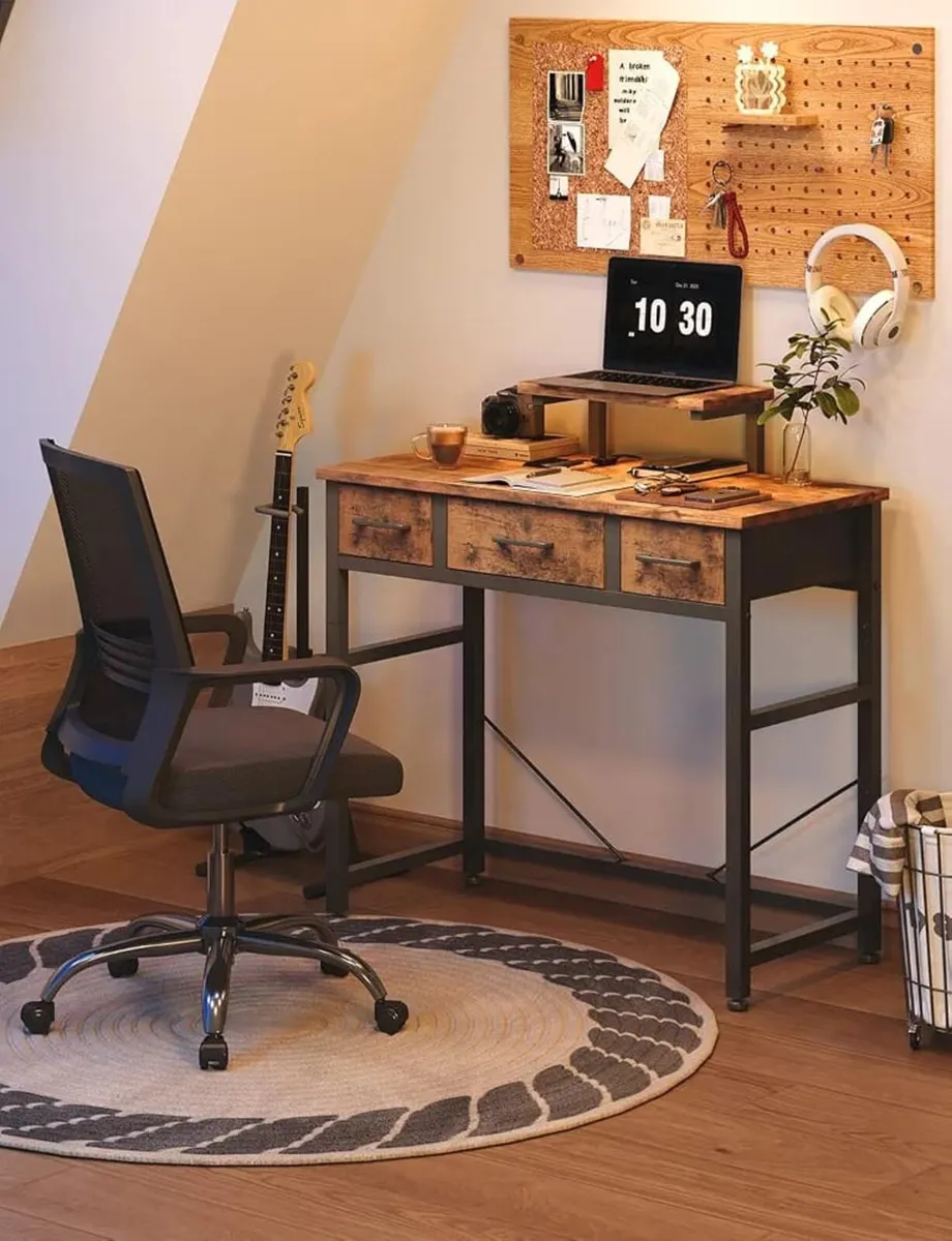 Small Desk with 3 Fabric Drawers, Small Computer D - Image 3