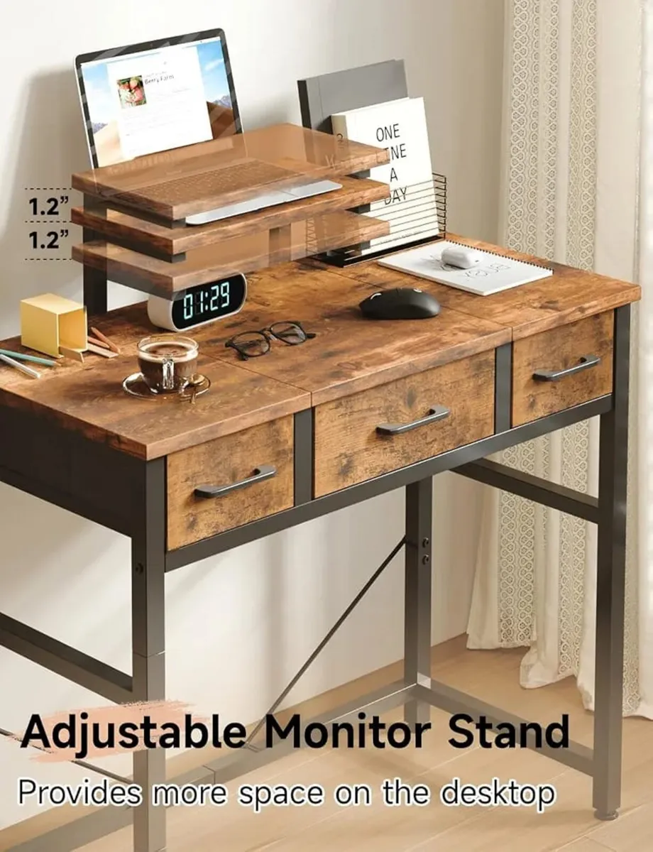 Small Desk with 3 Fabric Drawers, Small Computer D - Image 4