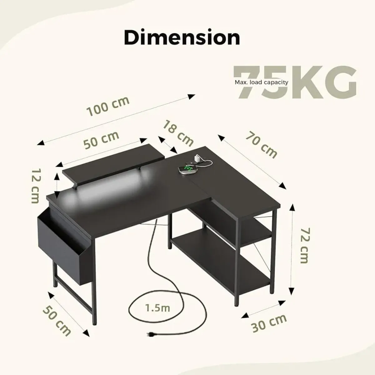 Corner Desk, w. Monitorstand & Built-in Socket, 10 - Image 2