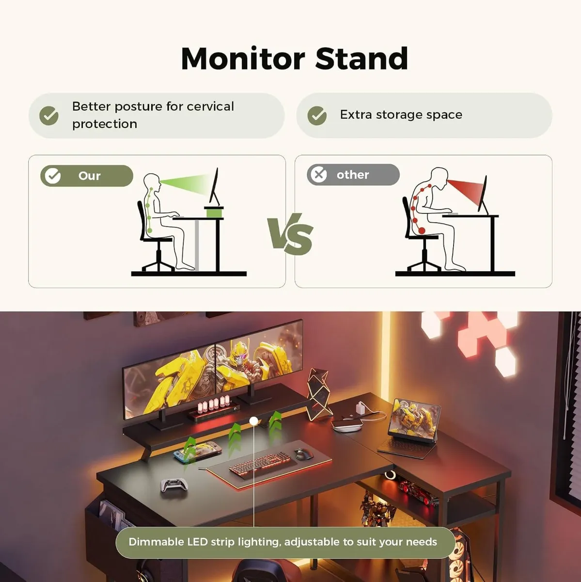 Corner Desk, w. Monitorstand & Built-in Socket, 10 - Image 3