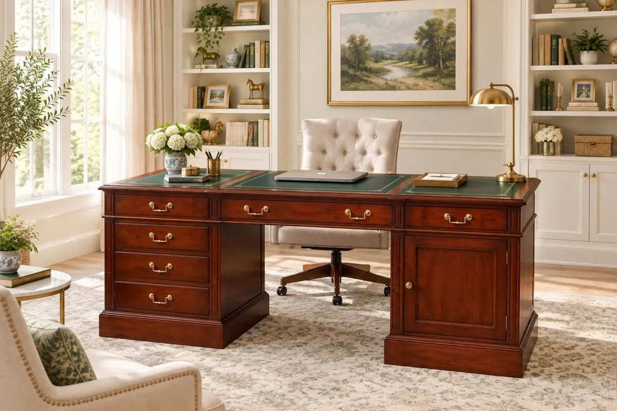 Office Desk Mahogany wood/ Green Leather - Image 1
