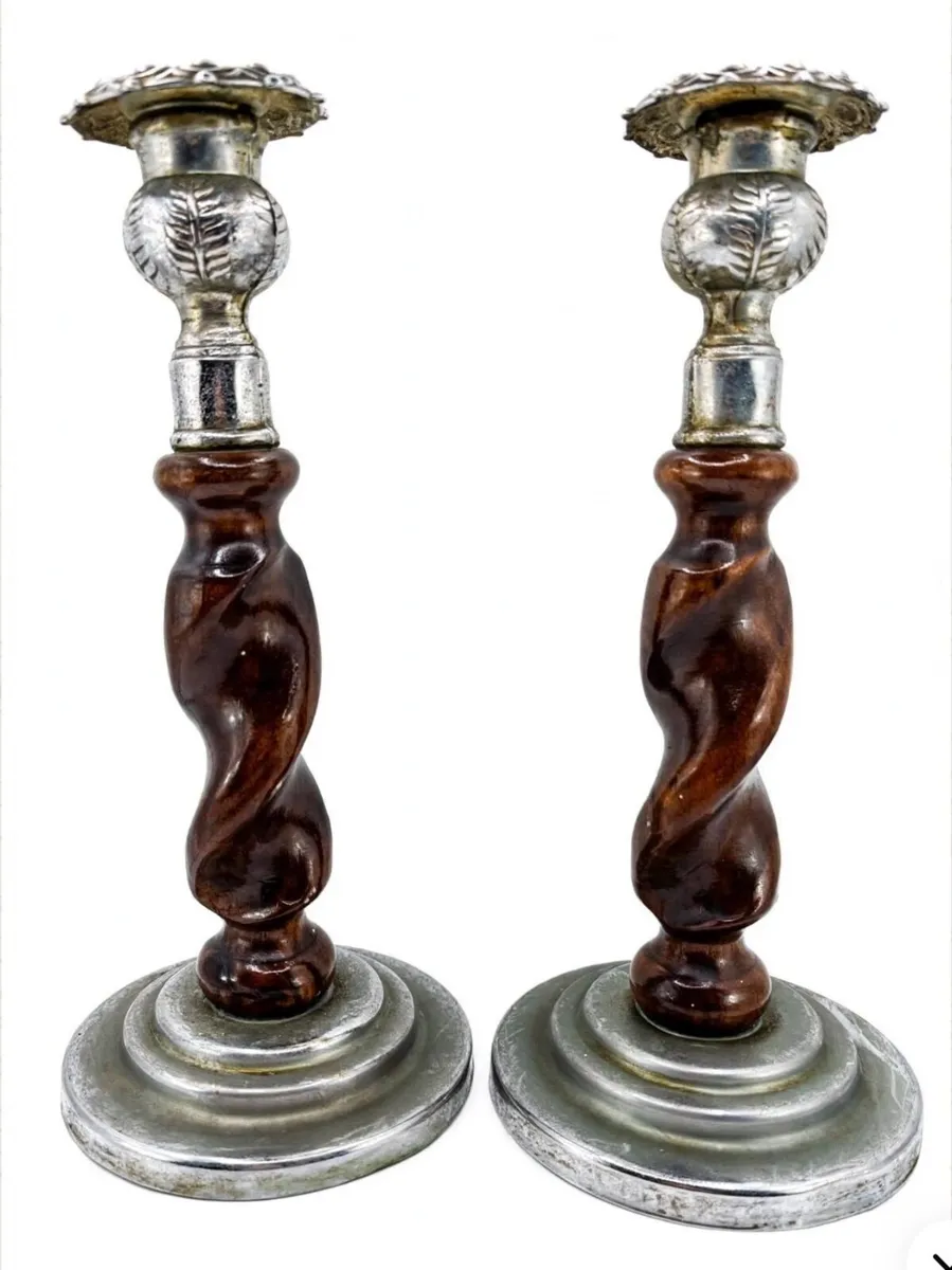 Art deco oak twisted candle holders