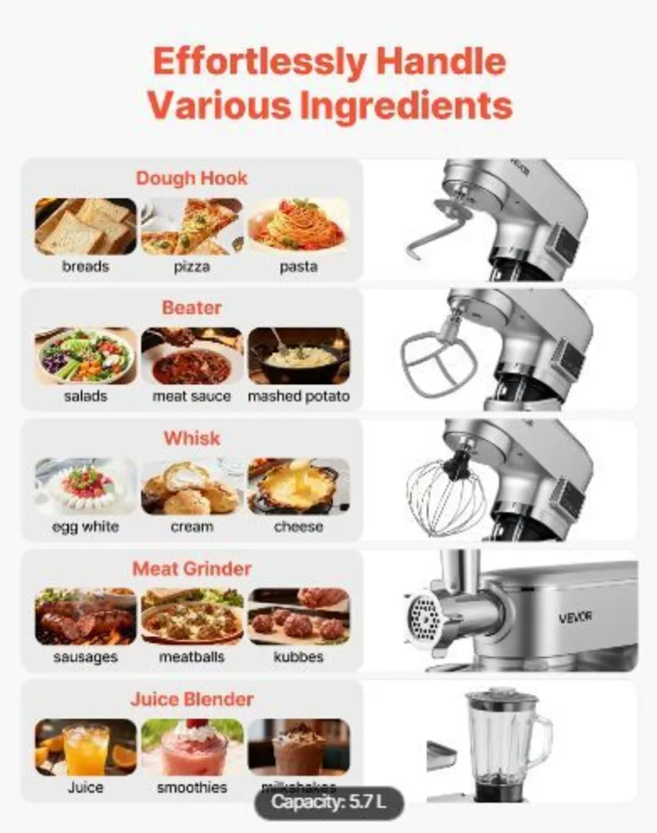 Stand Mixer, 5.7 L Electric Kitchen Mixer, 1500W - Image 2