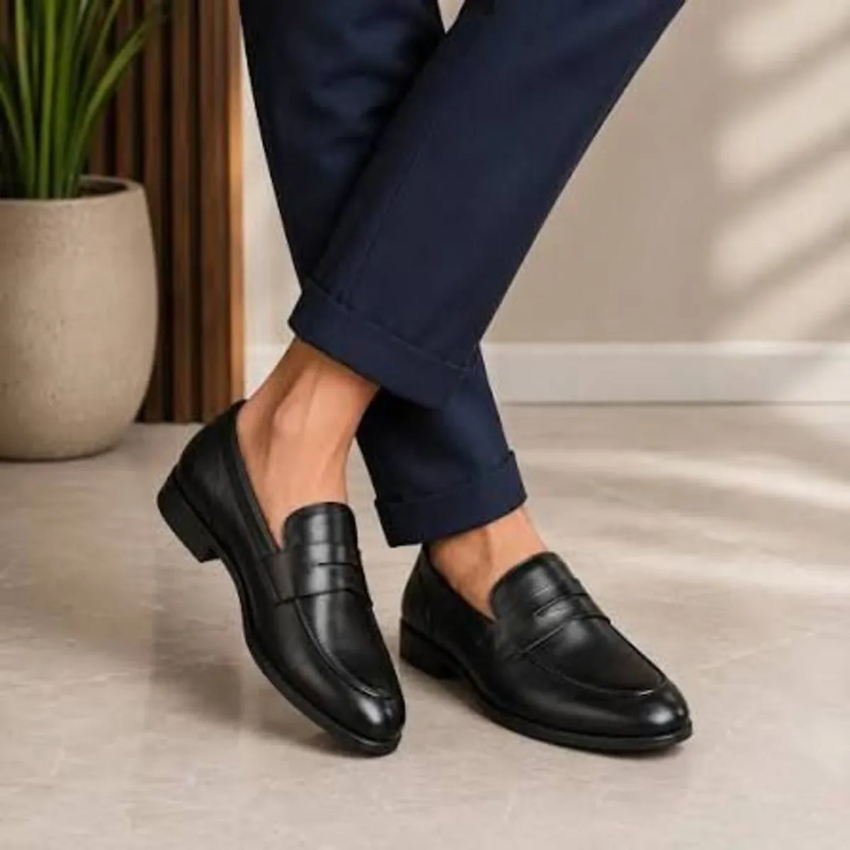 Mens Original Genuine Black Leather Loafer Shoes - Image 1