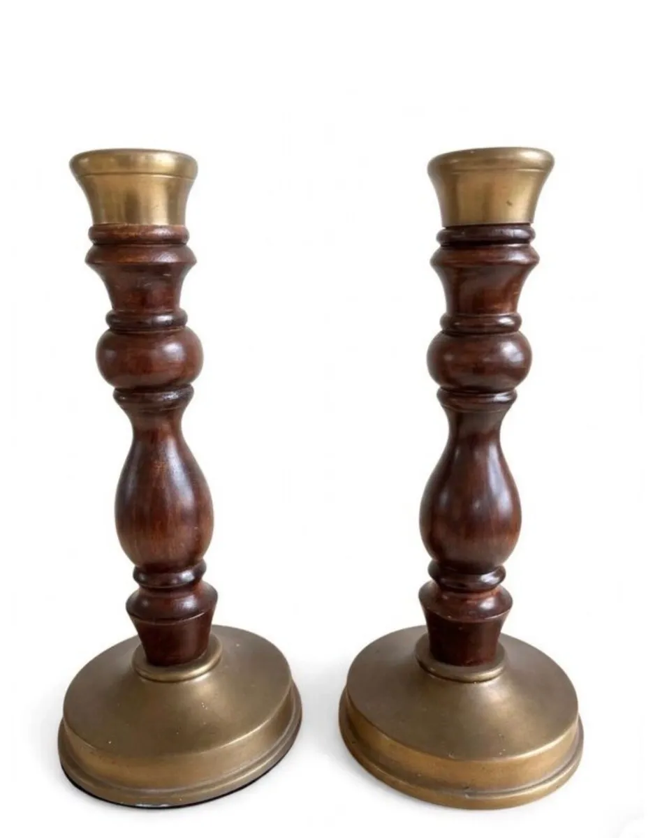 Vintage wood turned and brass candle holders