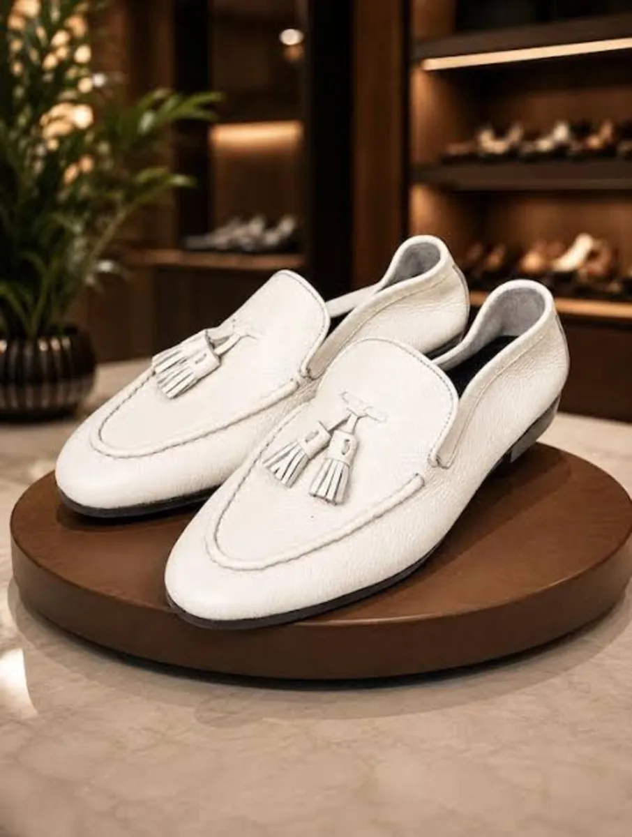 Original Genuine White Leather Loafer Tassel Shoes - Image 3