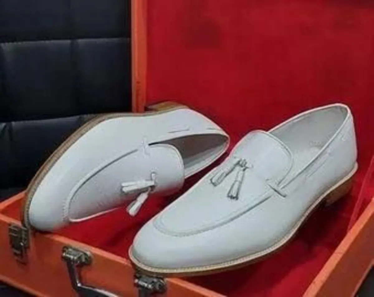 Original Genuine White Leather Loafer Tassel Shoes - Image 4