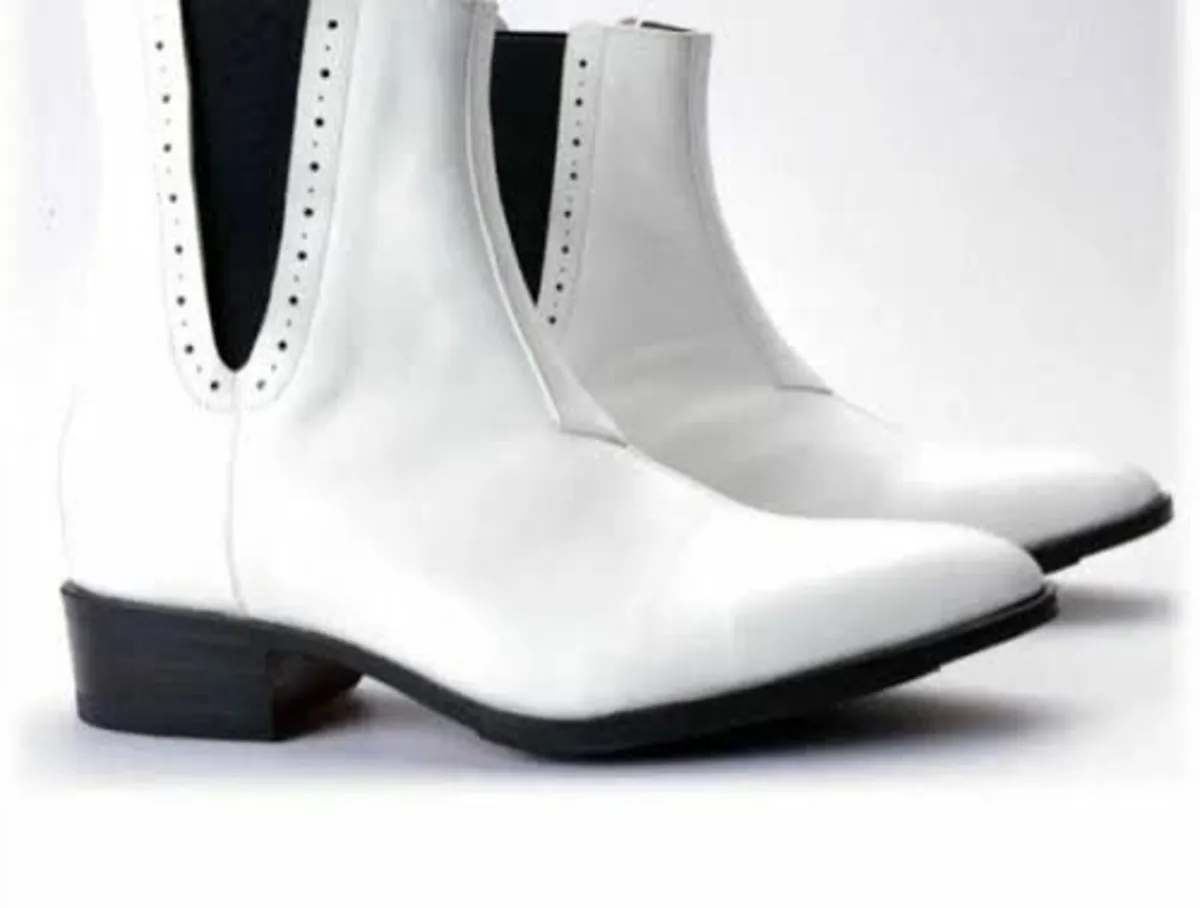 Original Genuine White Leather Cowboy Heel Boots - Image 3
