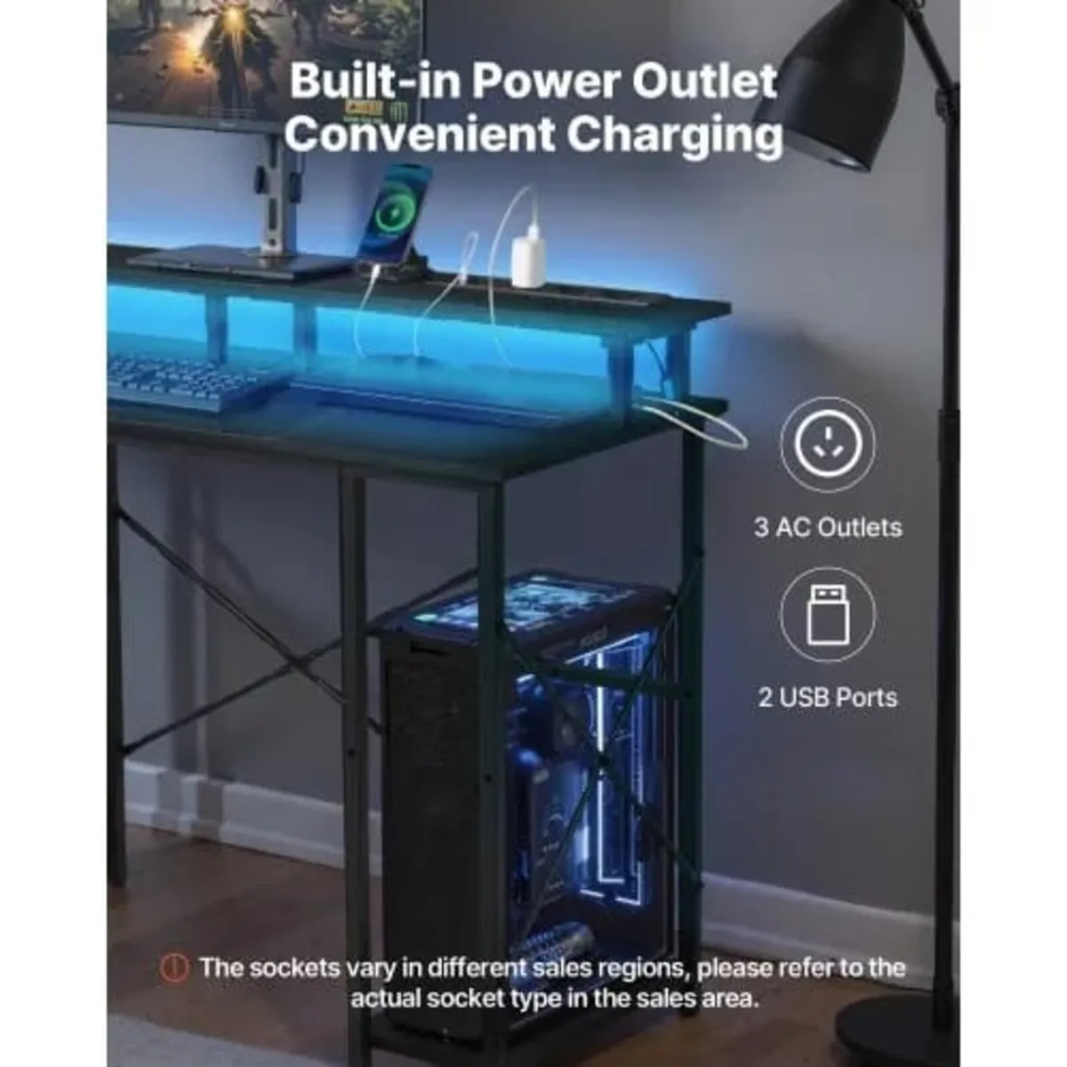 120 cm Computer Desk with Smart LED Lights and Pow - Image 4