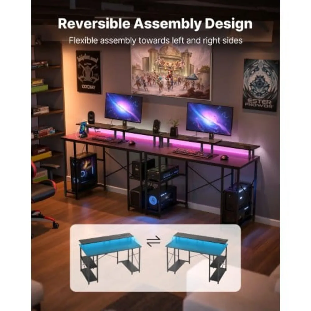 120 cm Computer Desk with Smart LED Lights and Pow - Image 3