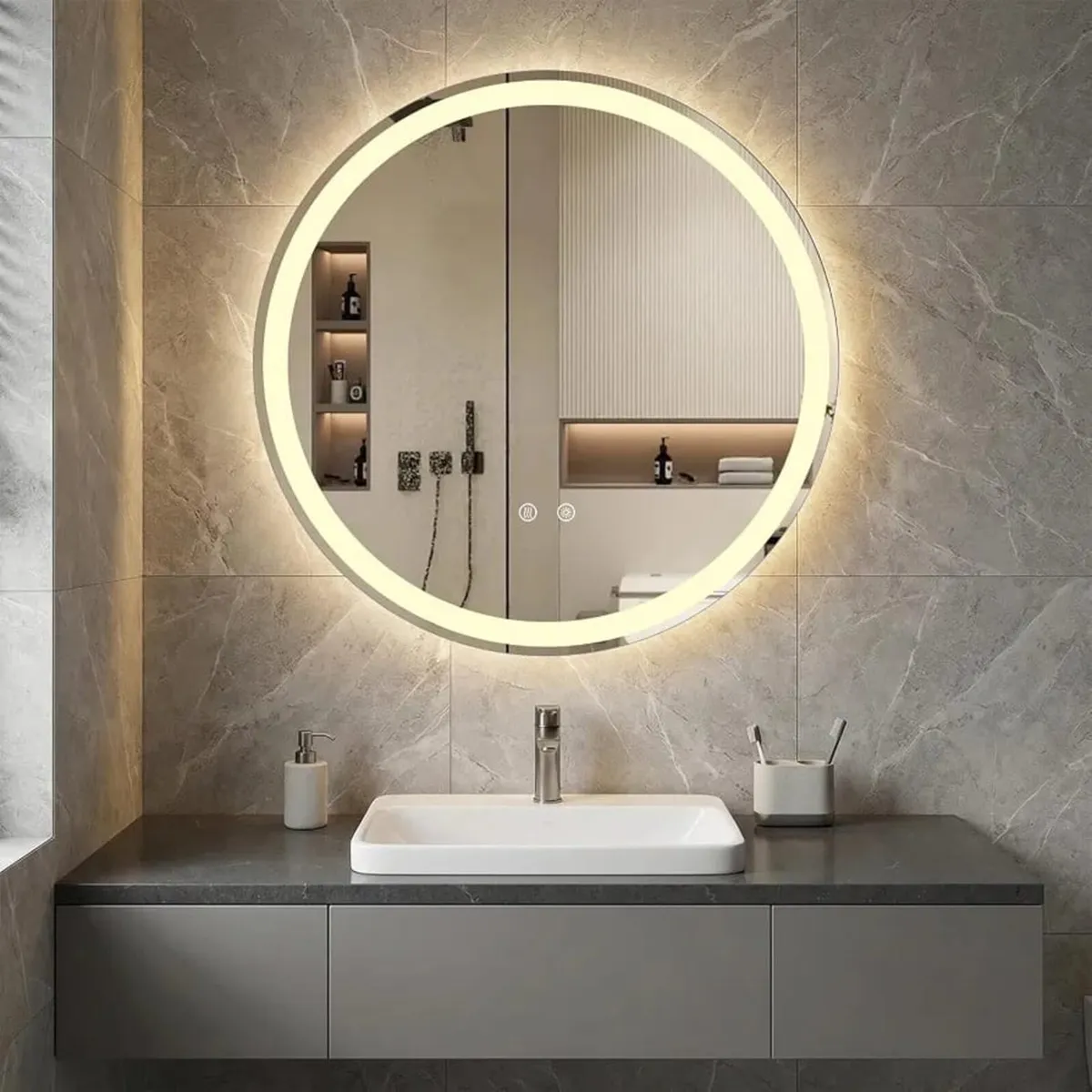 600mm/700mm Round Bathroom Mirror with LED Lights, - Image 1