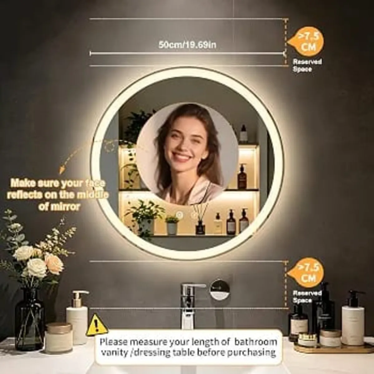 50CM Round bathroom mirror with LED lights
Makeup - Image 2