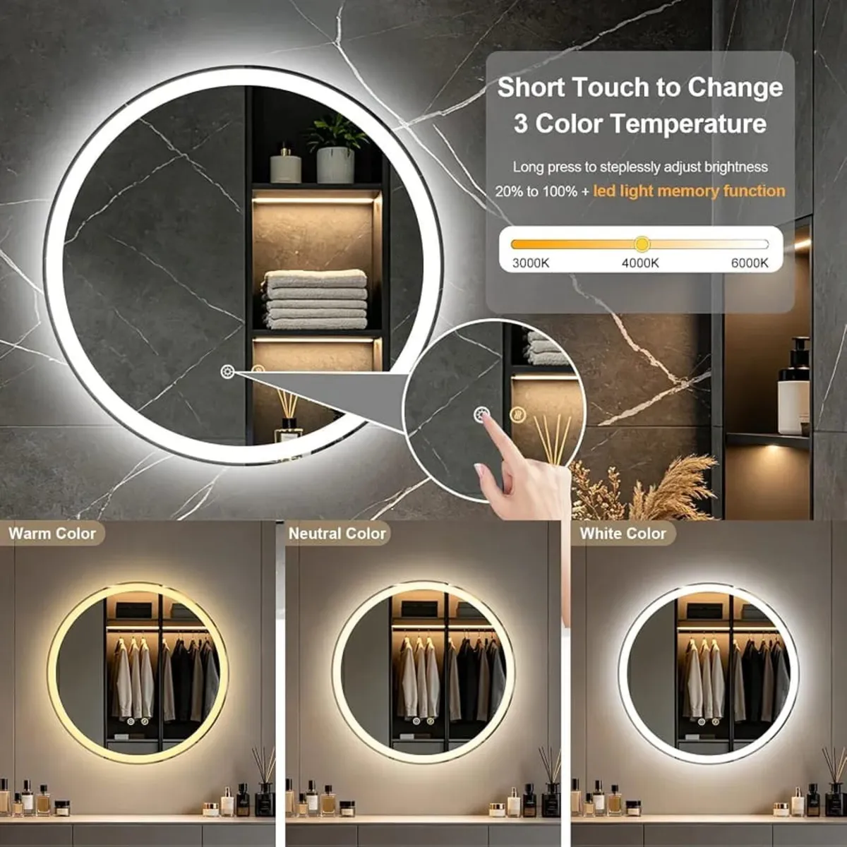 50CM Round bathroom mirror with LED lights
Makeup - Image 4