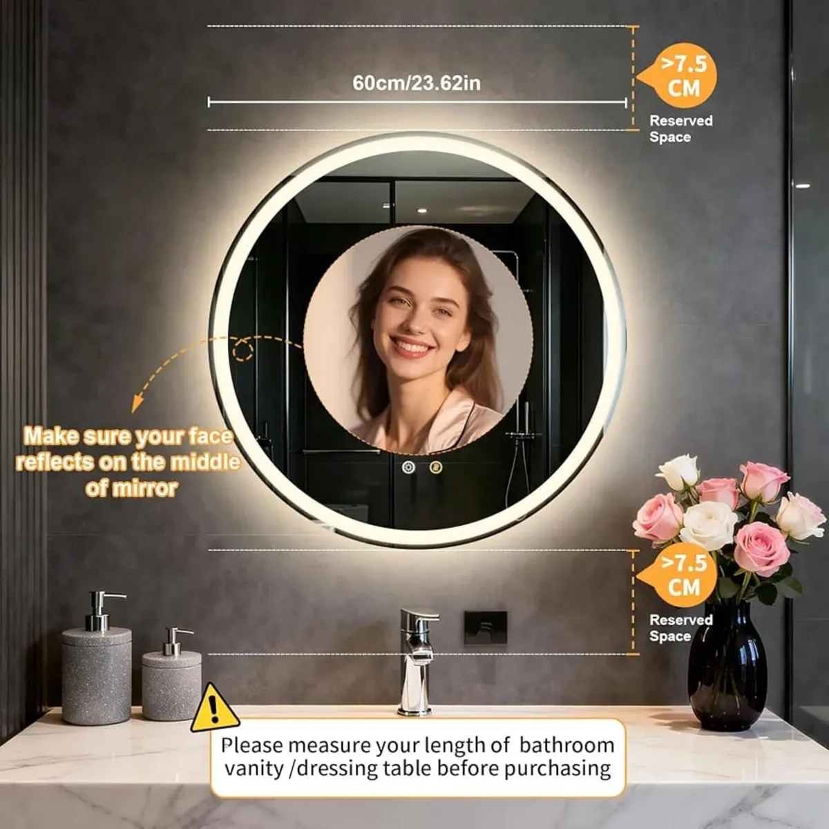 60CM Round bathroom mirror with LED lights
Makeup - Image 2
