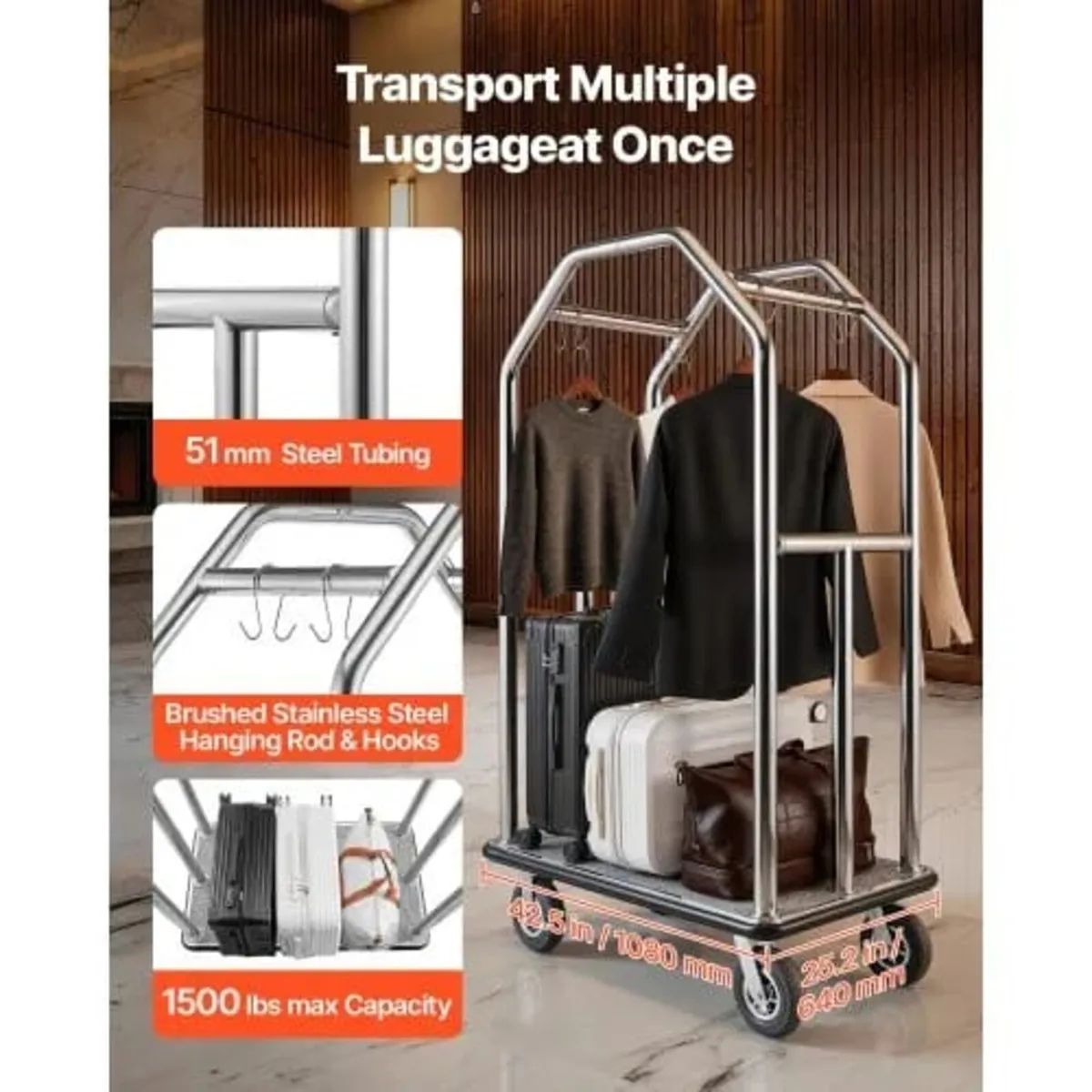 Hotel Luggage Cart, 680.39 kg Heavy Duty Bellman C - Image 3