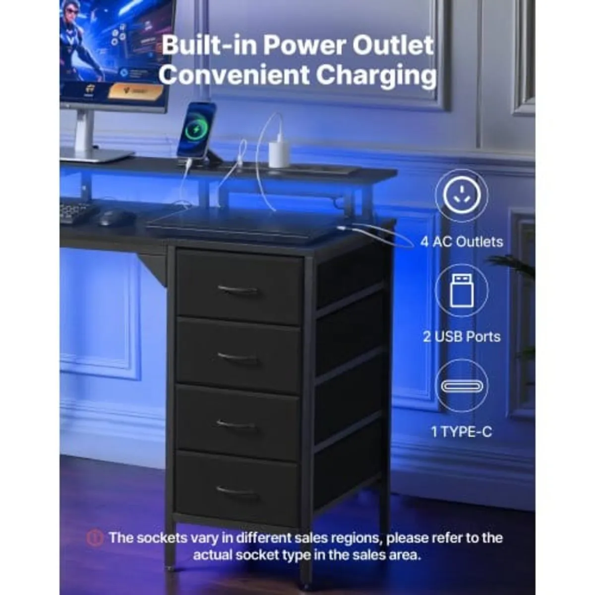 120 cm Computer Desk with Smart LED Lights and Pow - Image 2
