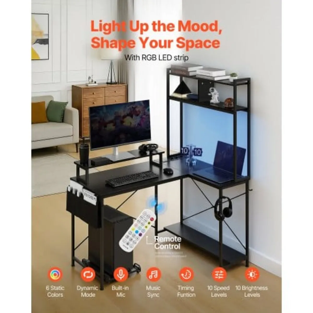 L-Shaped Gaming Desk with LED Lights, 1.2m Reversi - Image 2