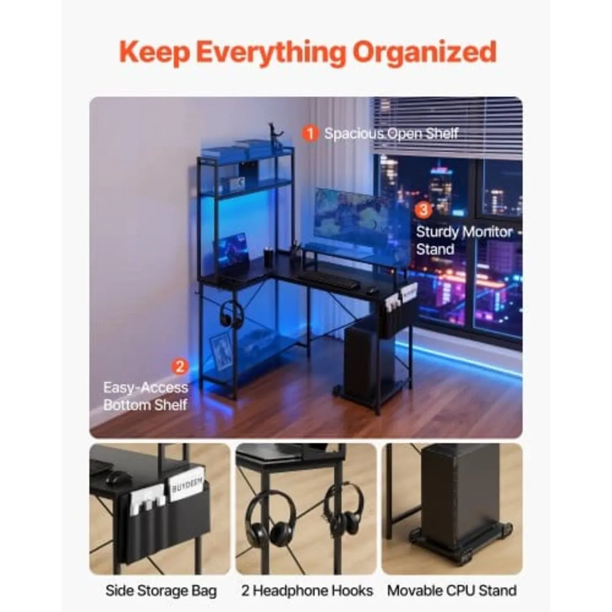 L-Shaped Gaming Desk with LED Lights, 1.2m Reversi - Image 4