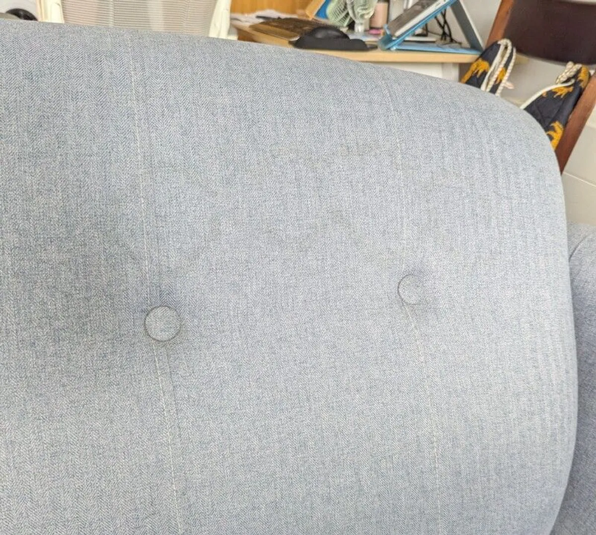 DFS blue-grey fabric sofa - button back detail - Image 3