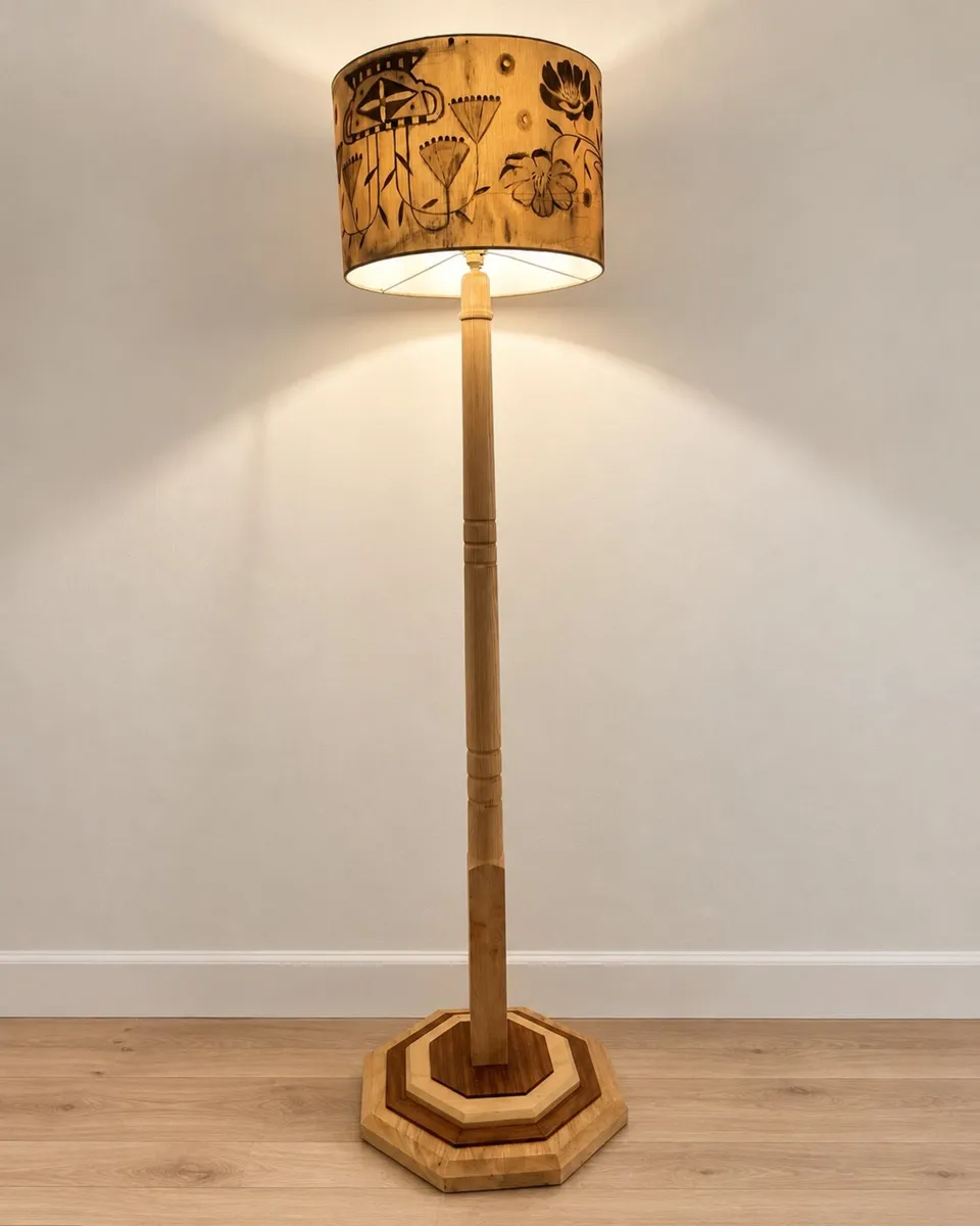 Restored Hardwood floor lamp with hand-painted sha - Image 1