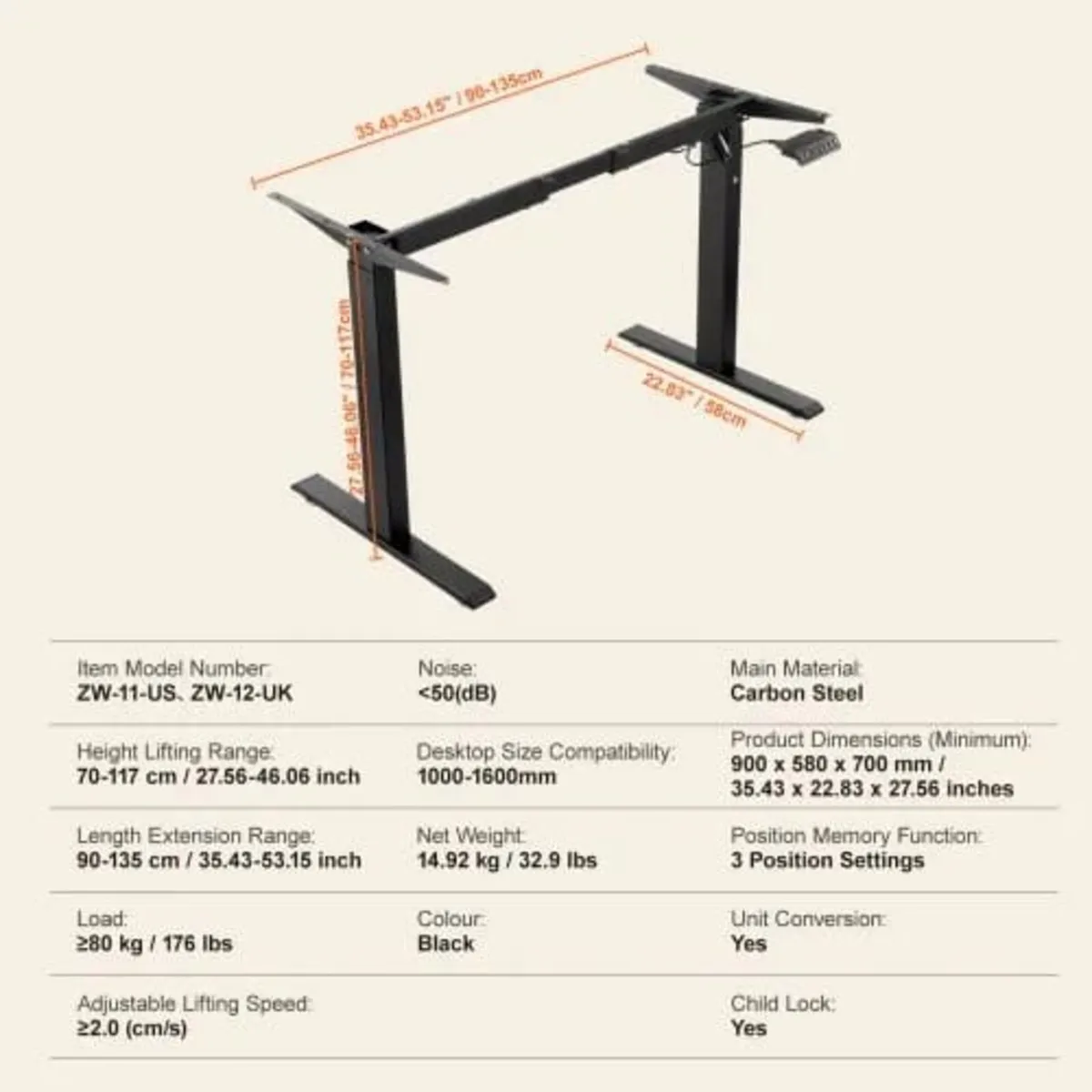 Electric Standing Desk Frame Adjustable 70-117 cm - Image 4