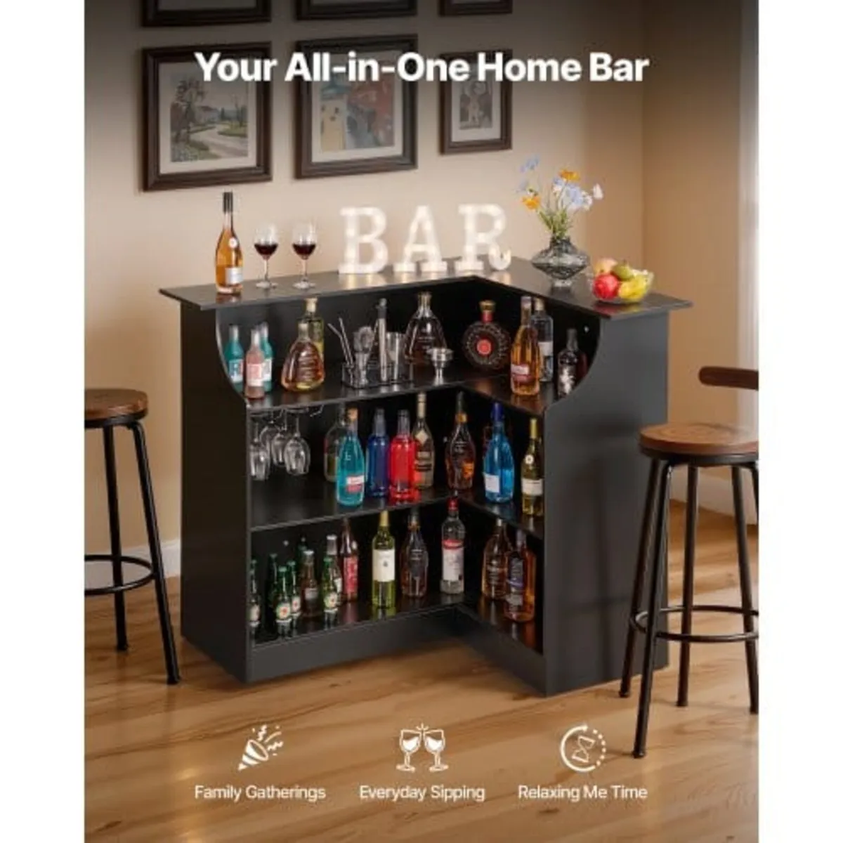 Home Bar Unit, L-Shaped Wine Bar Cabinet Table 4-T - Image 2