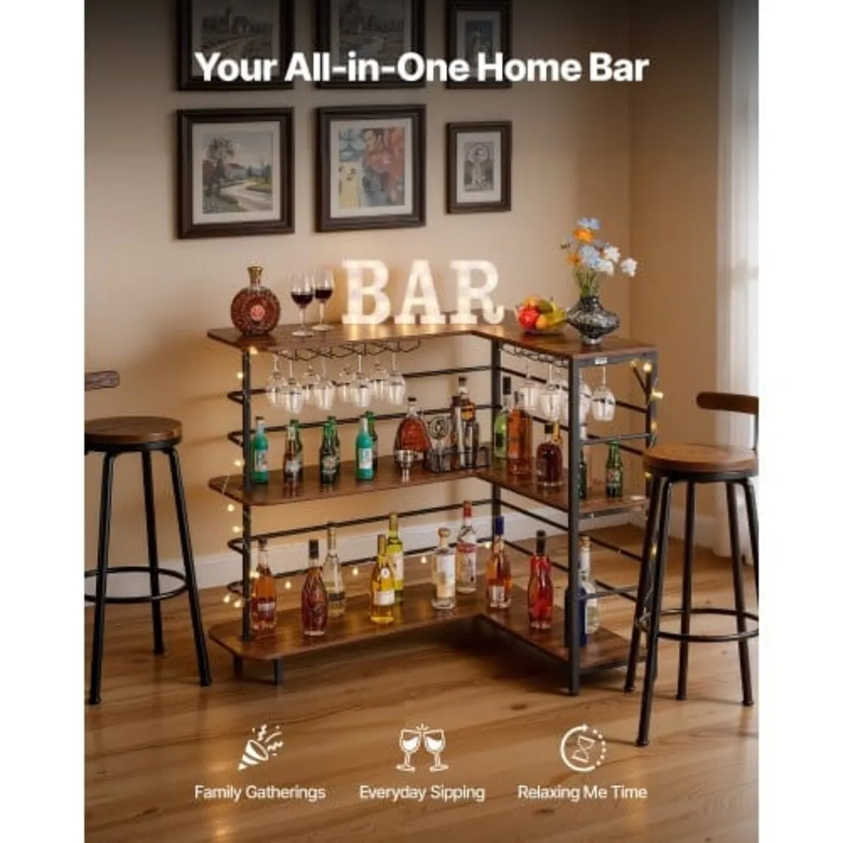 Home Bar Unit, L-Shaped Wine Bar Cabinet Table 3-T - Image 2
