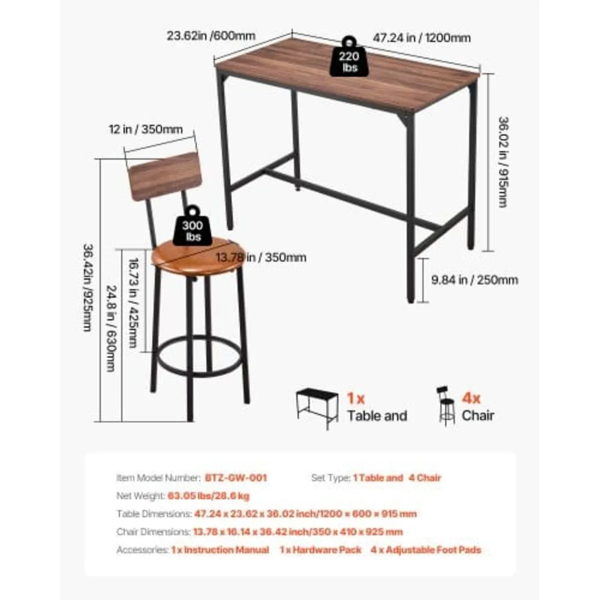 Bar Table, 5PCS 1193.8mm Bars Tables Set, Bar Tabl - Image 4