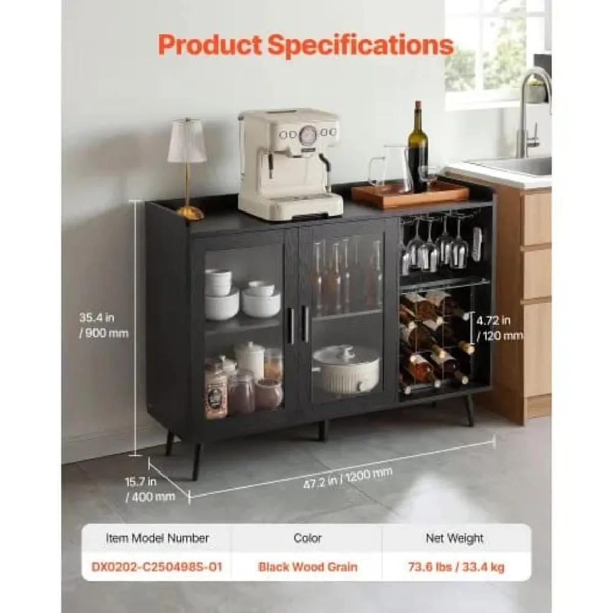 Wine Cabinet, Coffee Bar Cabinet with 9 Wine Bottl - Image 4