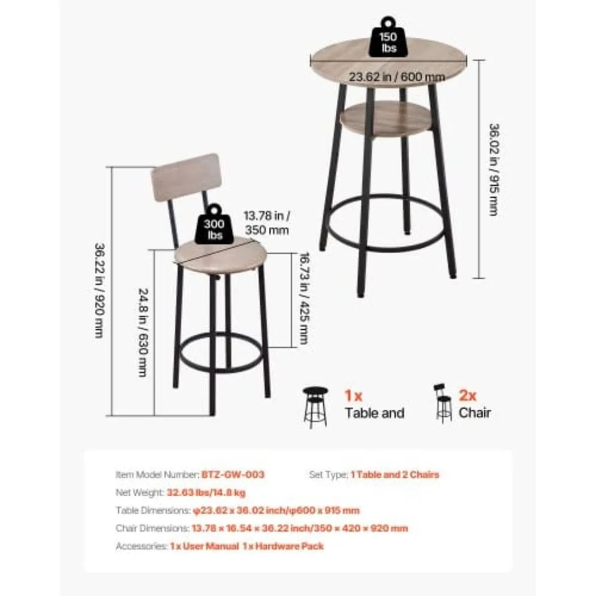 Bar Table, 3PCS 596.9mm Bars Tables Set, Bar Table - Image 4