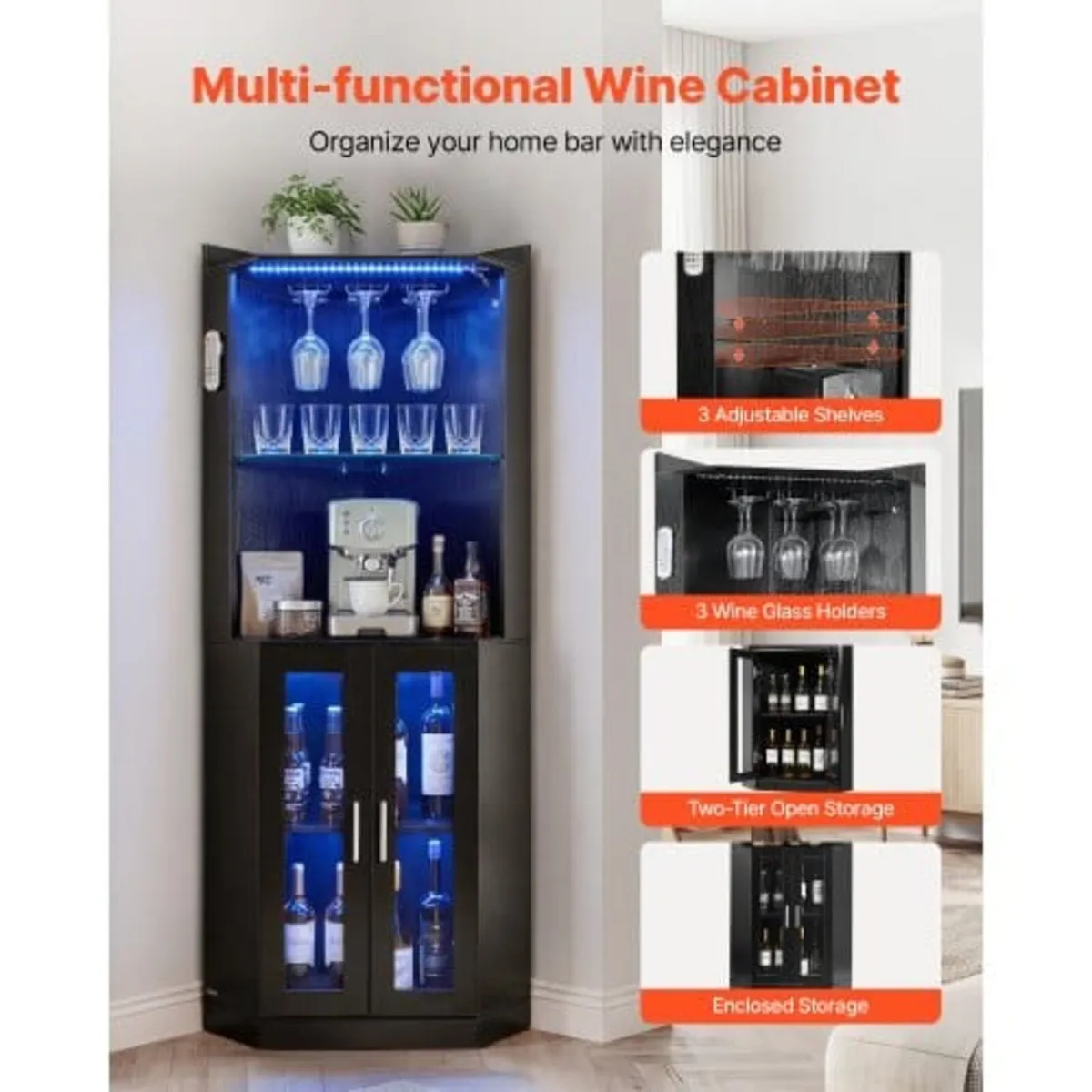 Corner Wine Cabinet, Bar Cabinet with Ample Storag - Image 2