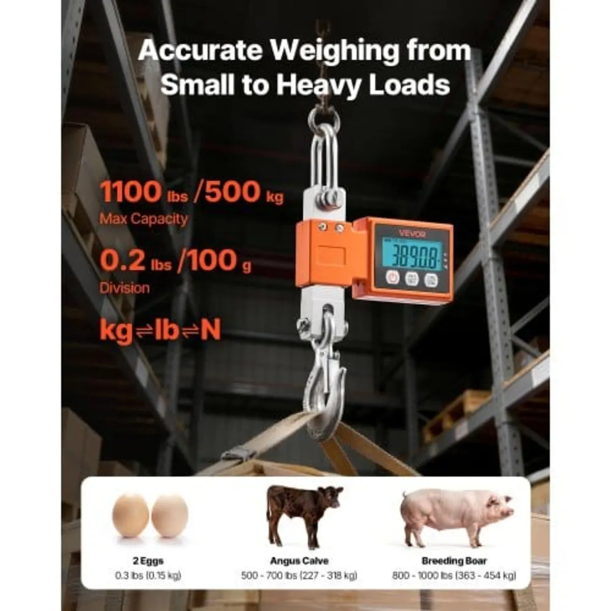Digital Crane Scale, 1100 lbs/500 kg Max Capacity, - Image 3