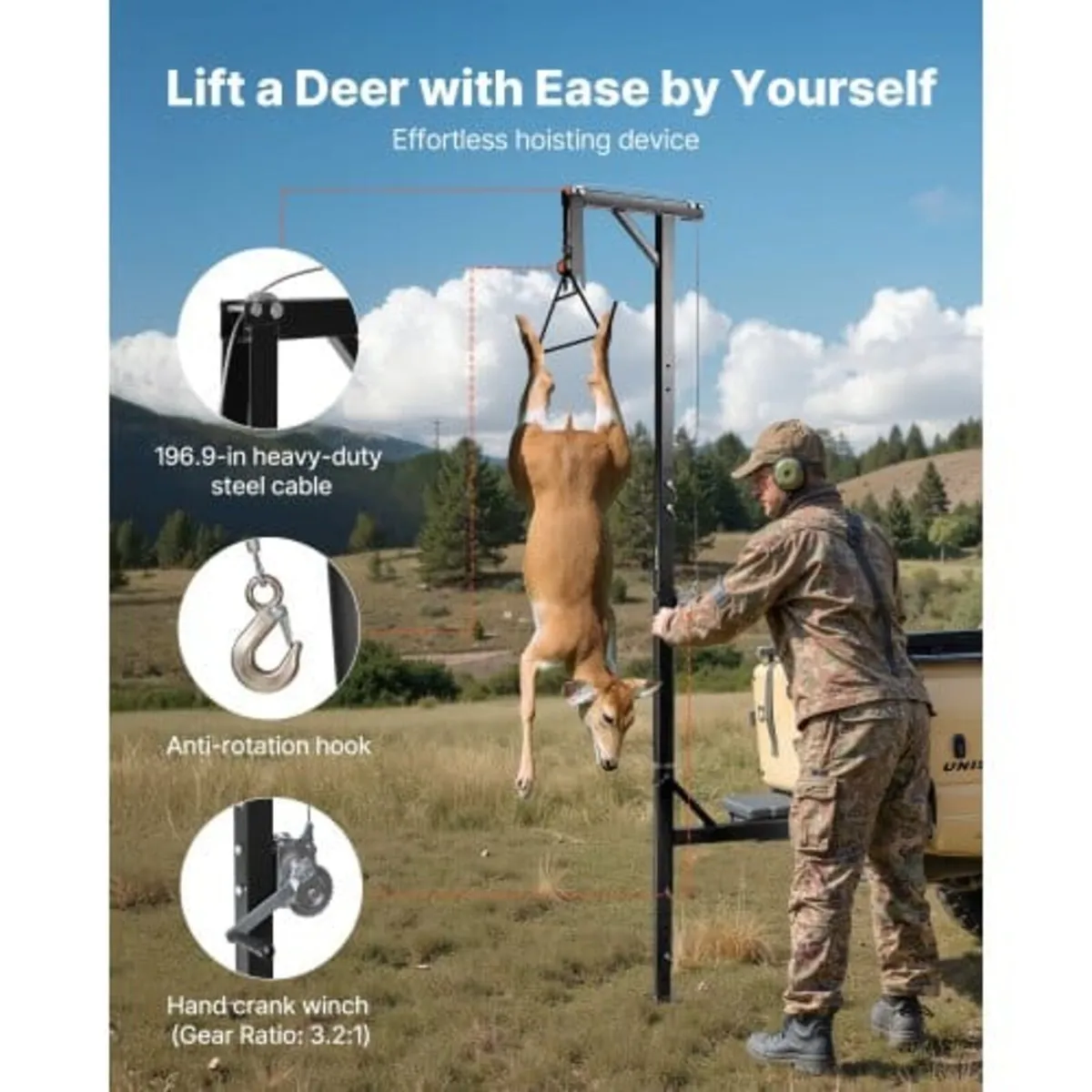 Truck Hitch Game Hoist, 400 lbs Load Capacity, Hun - Image 2