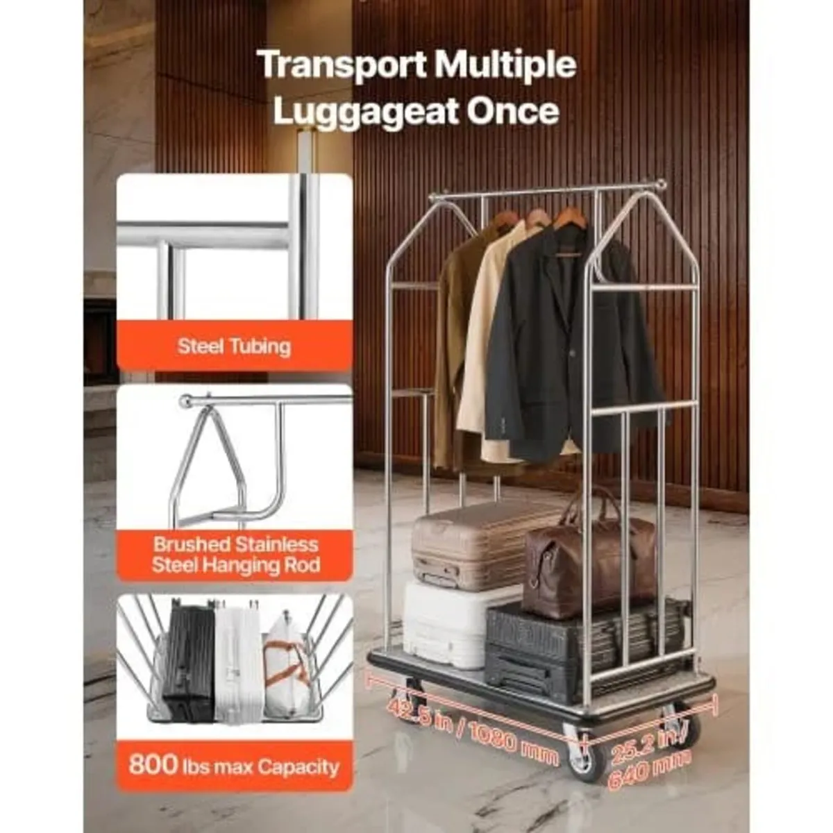 Hotel Luggage Cart, 800 LBS Load Capacity, Brushed - Image 3