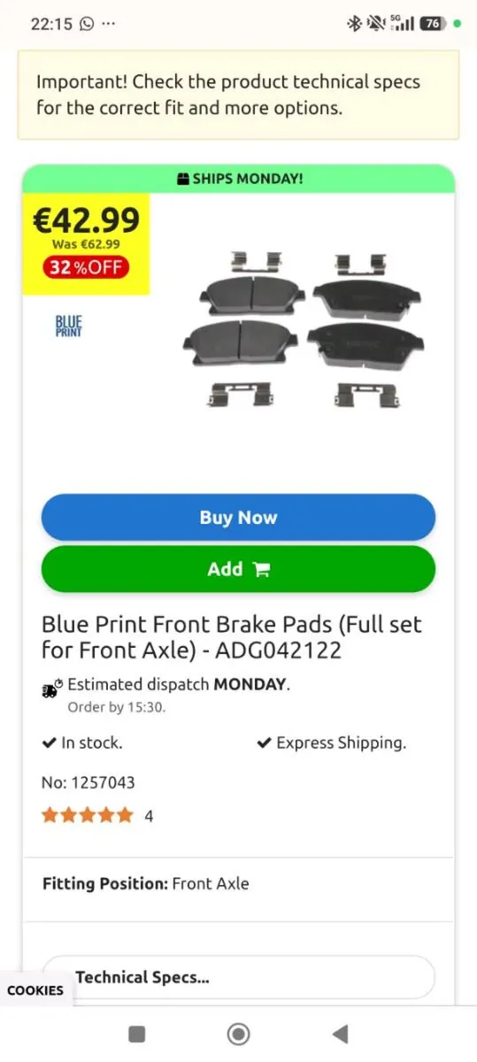 Opel Astra/ Zafira Diesel 1.6 litre Brake Pads - Image 2