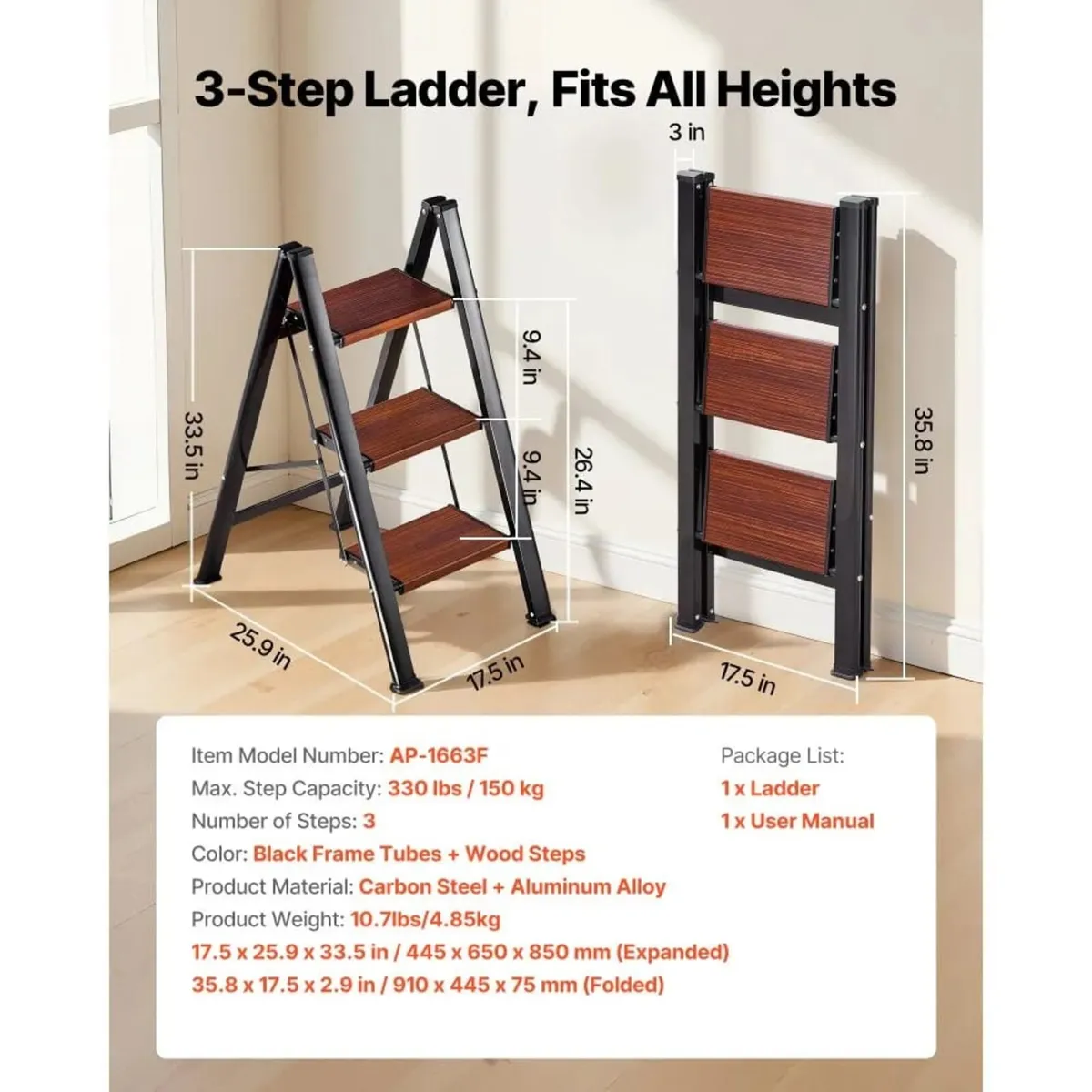 3 Step Ladder, Folding Step Stool with Wide Anti-S - Image 2