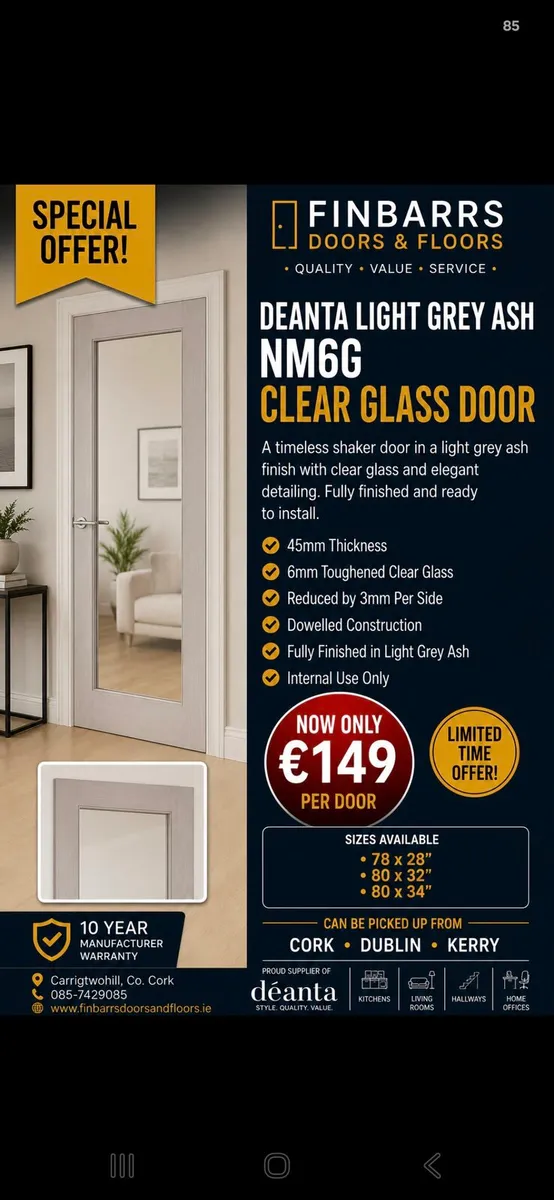 Deanta Shaker Light Grey Ash Clear Glass Doors
