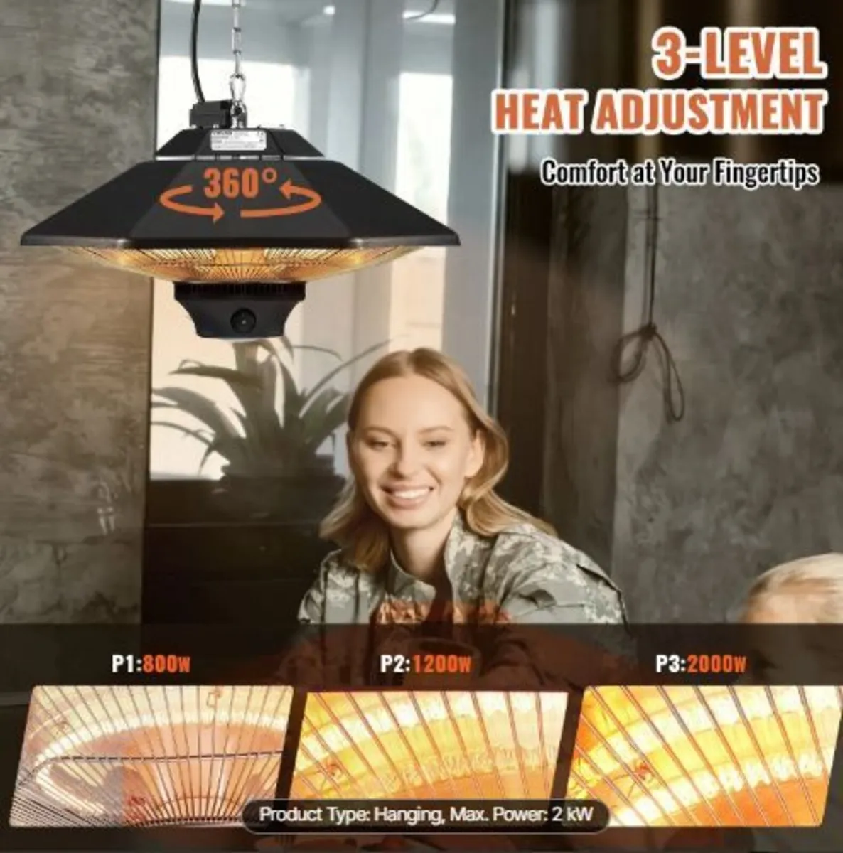 Hanging Patio Heater, 2000W Remote Control - Image 2