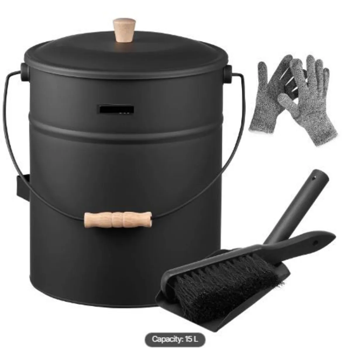 Ash Bucket, 4 PCS with Lid, Shovel, Broom and Glo - Image 1