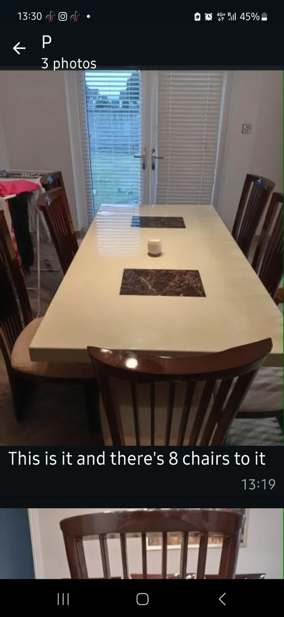 Marble dining table and chairs and 2 matching tabl