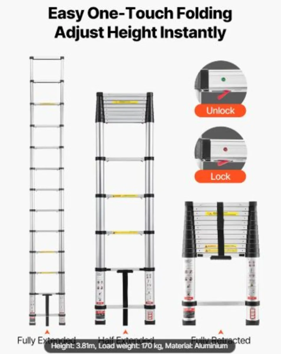 3.8m Telescoping Ladder, Aluminum Lightweight Mult - Image 2