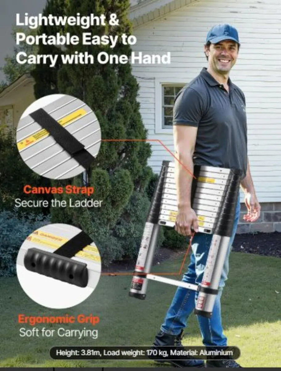 3.8m Telescoping Ladder, Aluminum Lightweight Mult - Image 3
