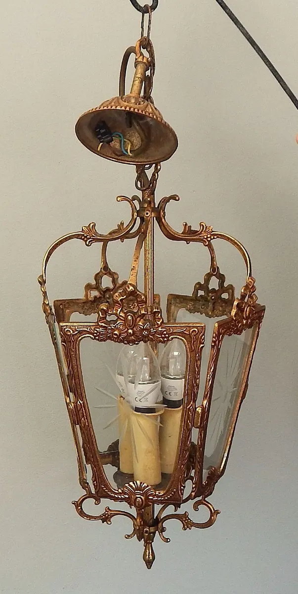 Vintage French Brass Triple Light Ceiling Lantern - Image 2