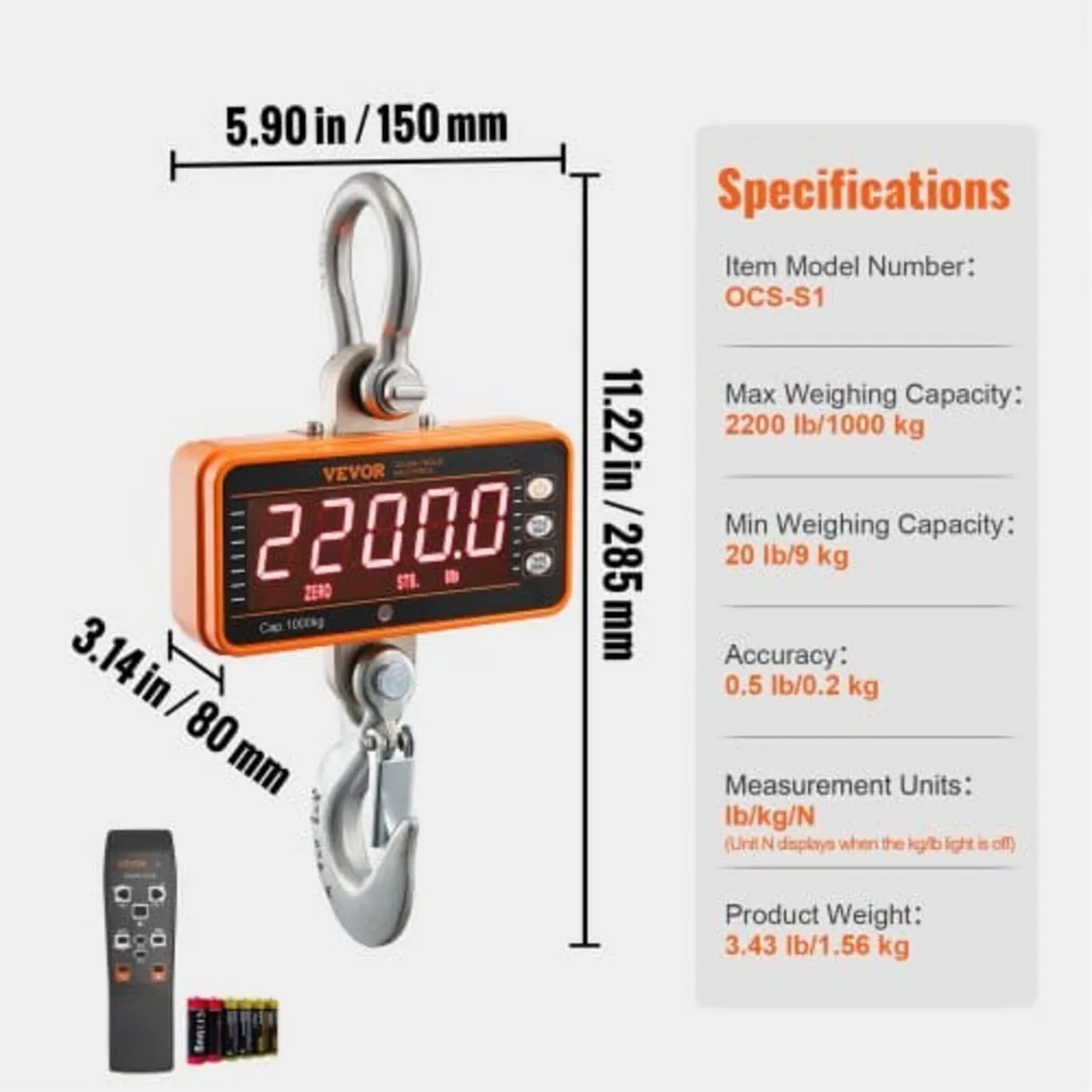 Digital Crane Scale, 2200 lbs/1000 kg, Industrial - Image 4